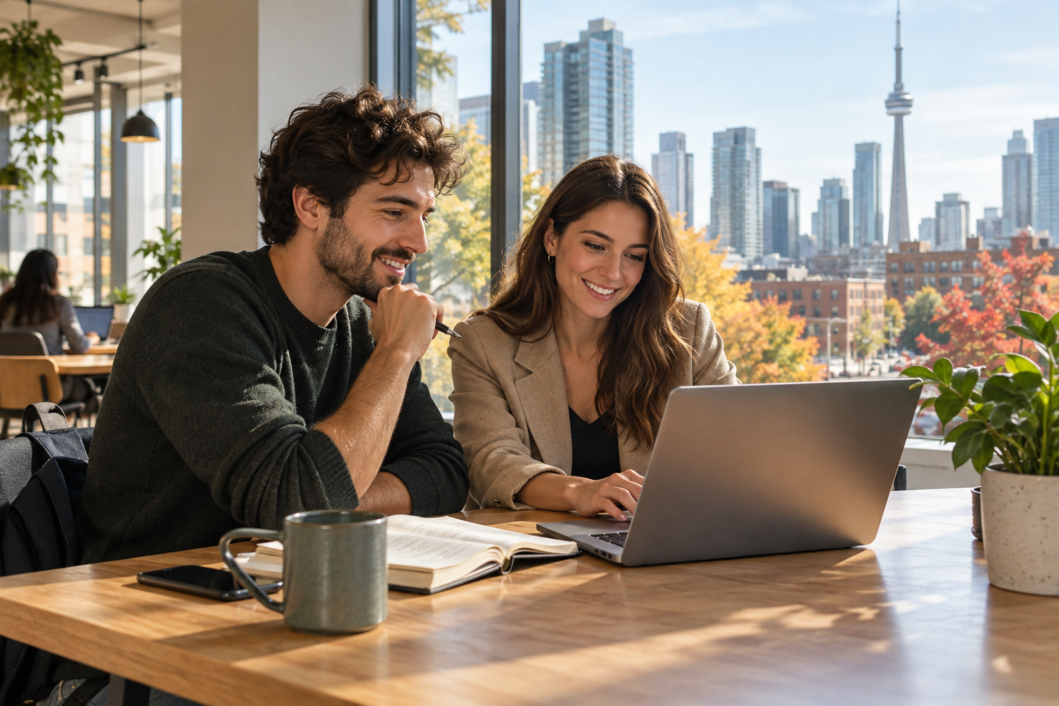 Due professionisti preparano una candidatura al computer a Toronto. Immagine illustrativa generata con IA.