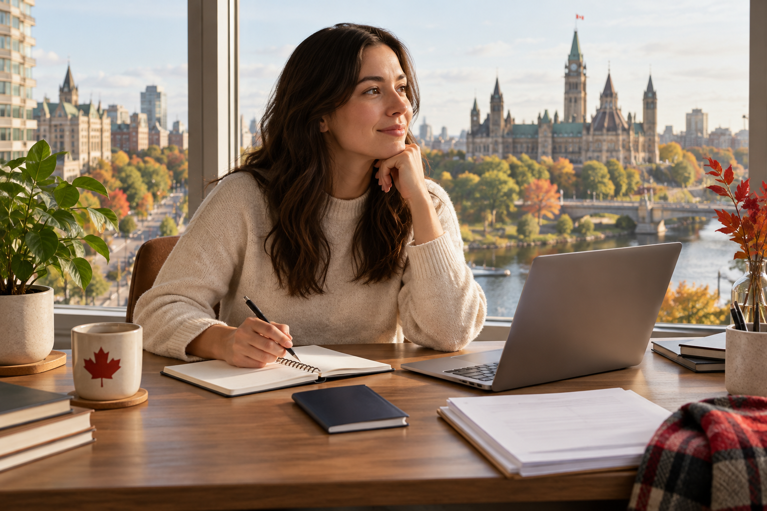 Una donna organizza documenti e informazioni al computer a Ottawa. Immagine illustrativa generata con IA.