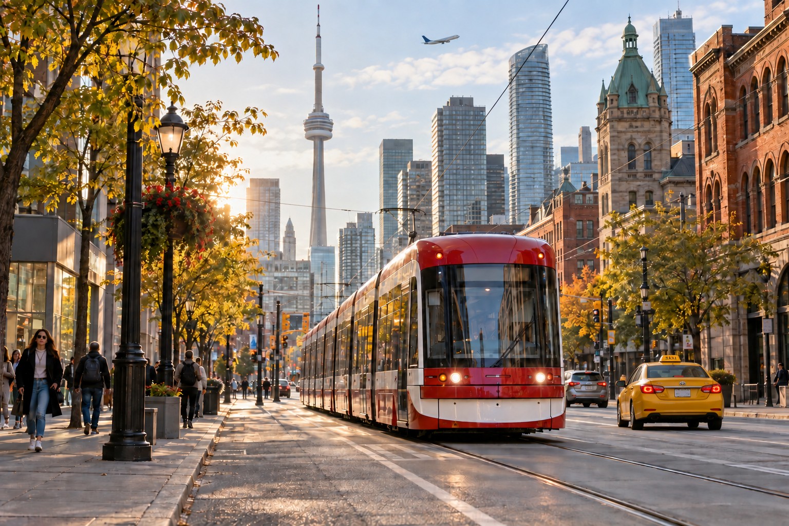 Tram rosso, taxi e aereo in una scena ispirata a Toronto. Immagine generata con IA.