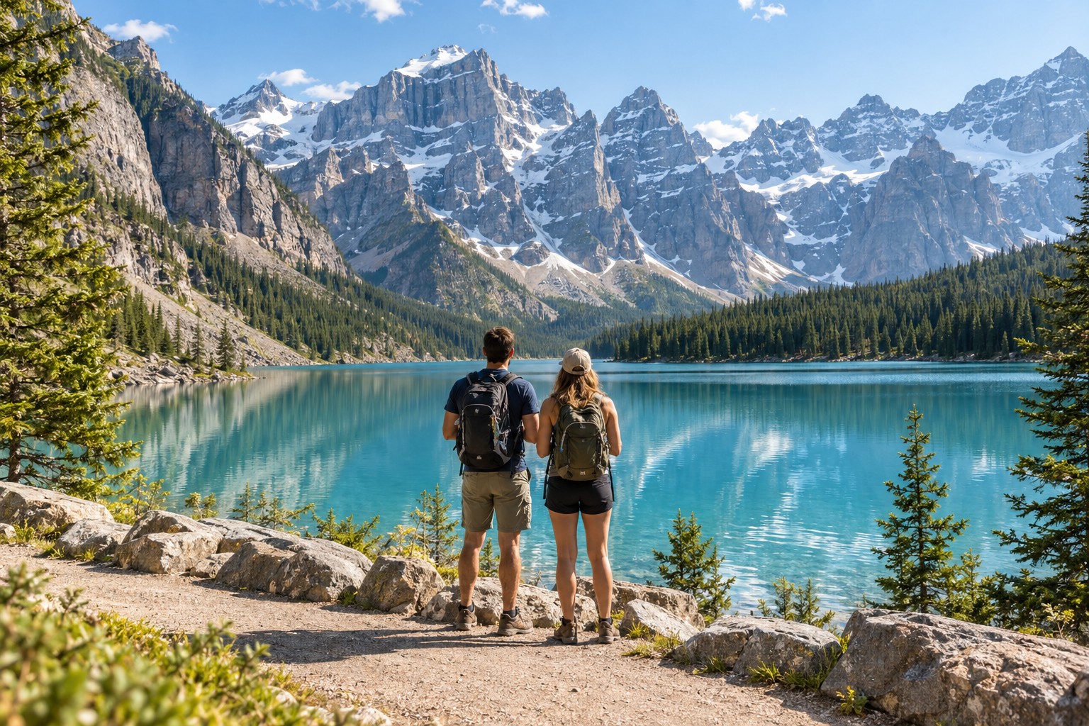 Due viaggiatori ammirano un lago tra le montagne canadesi. Immagine illustrativa generata con IA.